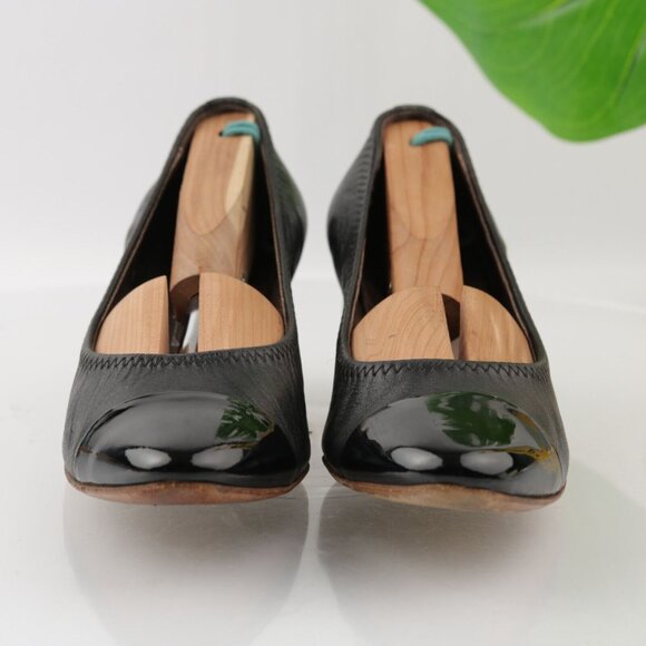 AGL Womens Pump Size 37 7 Black Leather Cap Toe Block Heel Elastic Trim Italy - Picture 4 of 12